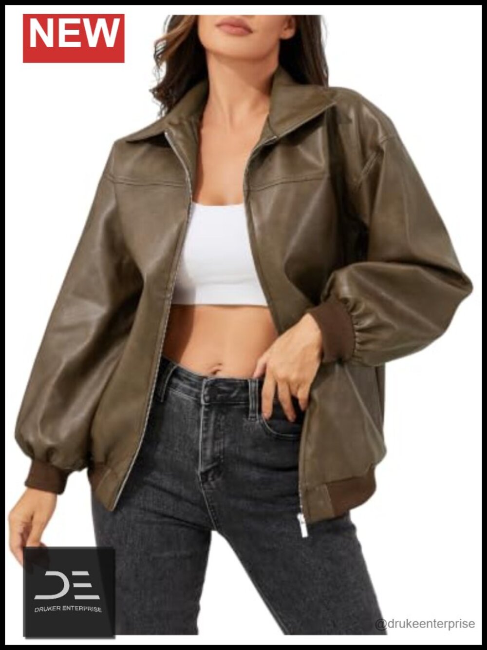 Vintage Washed Faux Leather Jacket Oversized Moto Biker Casual Coat Pockets